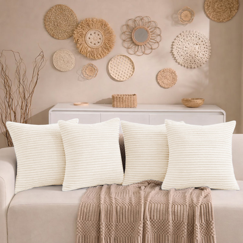 Aspire Homeware Striped Square Velvet Cushion Cover, Cream, Pack of 4