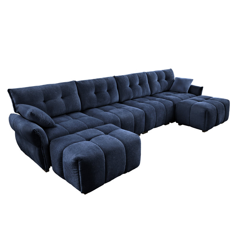 141.7" U Shaped Chenille Upholstered Sofa With Throw Pillows And Ottoman For Living Room, Lounge, Office Space, Blue Chenille