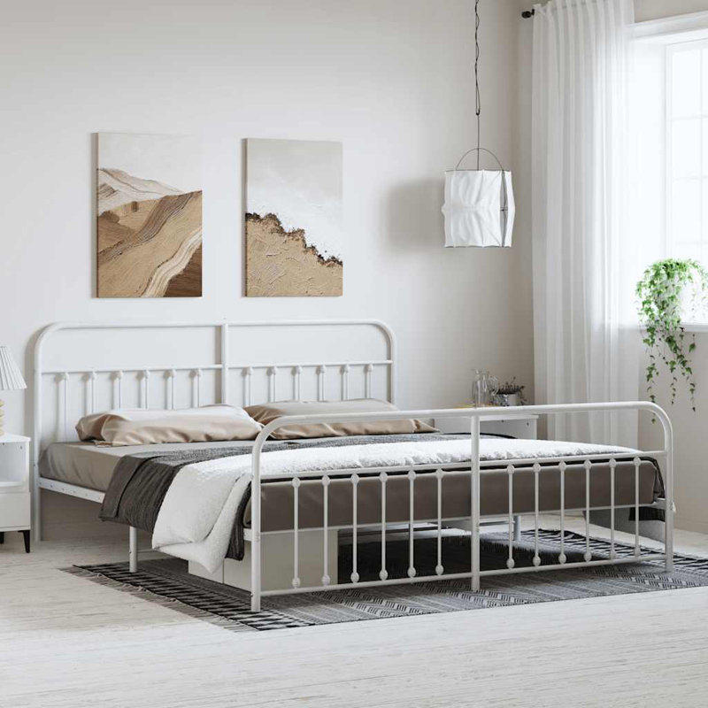Brender Metal Bed Frame with Headboard & Slats, No Mattress, Easy Assembly, White, Full / Double