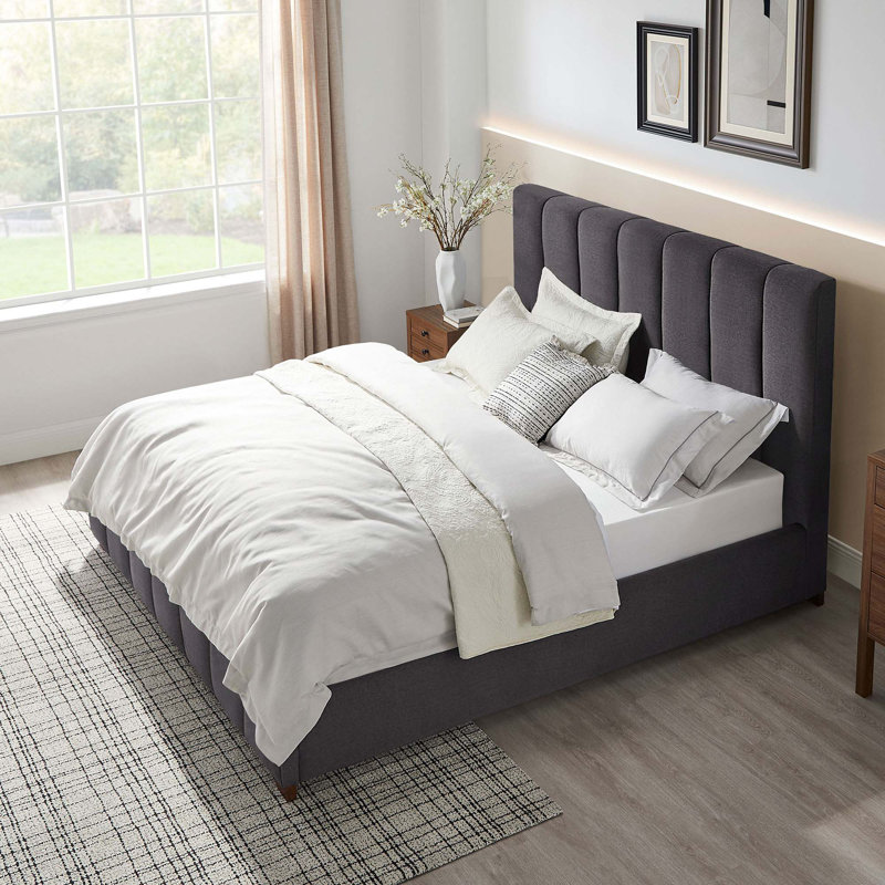 Base de lit plateforme moderne tapissier avec tête de lit, Complète, Gris foncé
