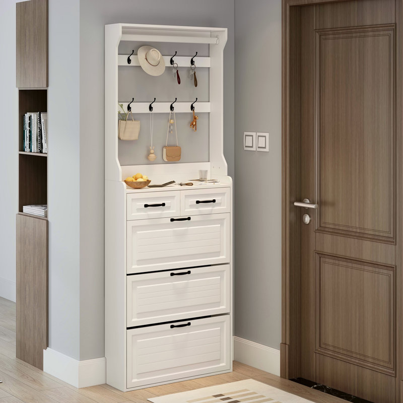 Armoire à chaussures blanche avec 3 portes et 2 tiroirs avec support, grand espace de rangement