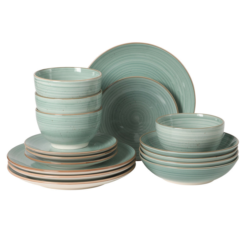  16 assiettes et bols Stonebury - Service de vaisselle en grès peint à la main - Service pour 4, Sarcelle