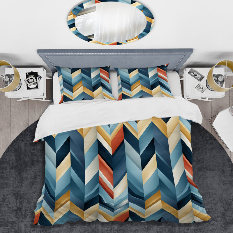 Ensemble de housse de couette Blue And Golden Geometric Chevron, Housse de couette simple + 1 taie décorative stan