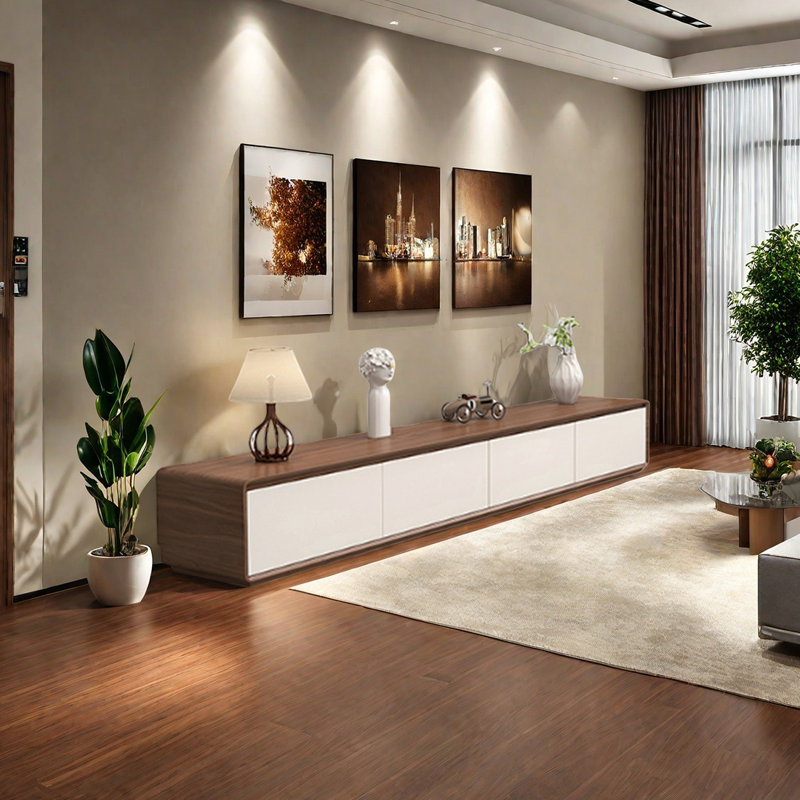 Meuble télé multi-tiroirs avec base pleine, Tanné, H 15,74 po x L 94,48 po x l 15,74 po