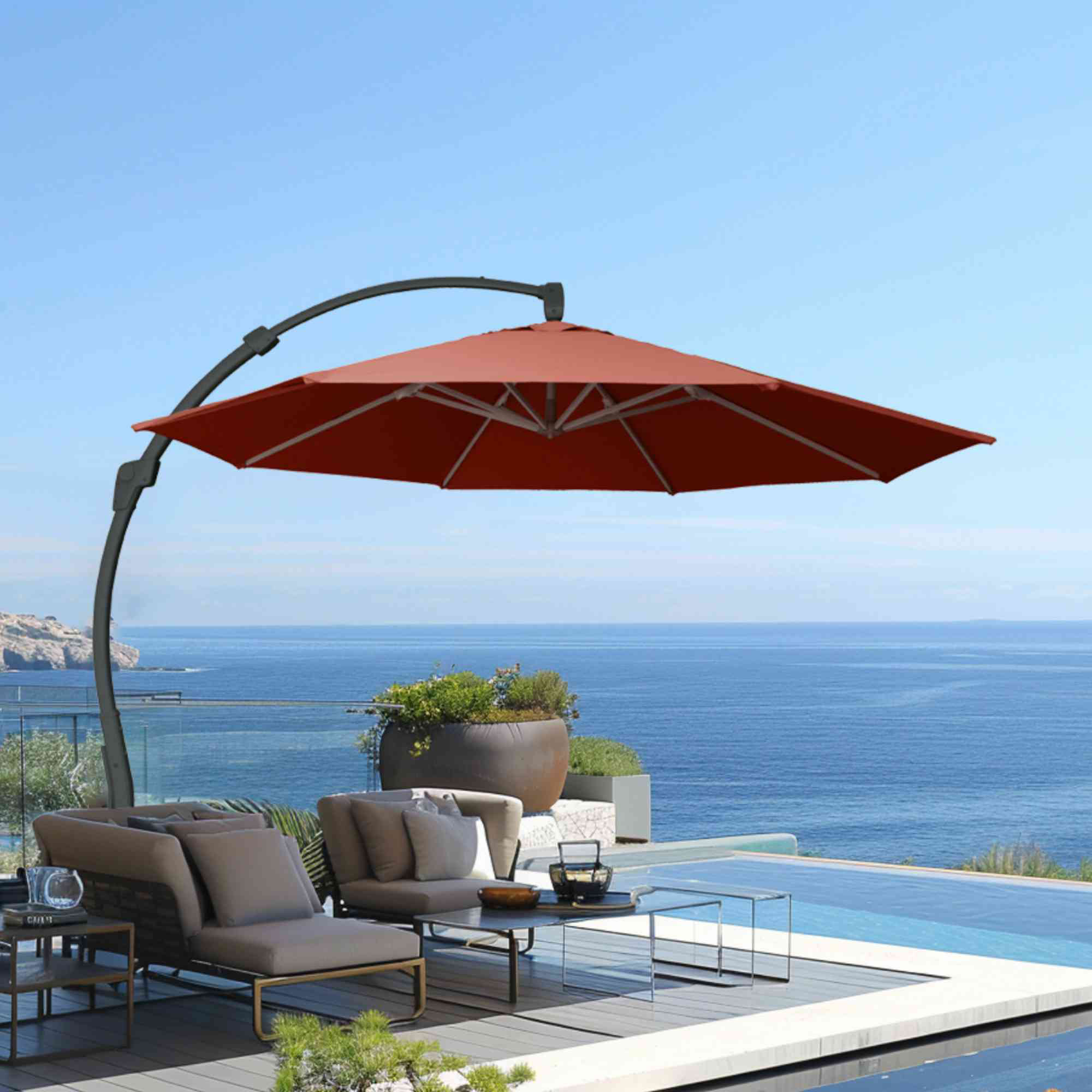 Panama Jack Outdoor 11.5 Ft Cantilever Sunbrella Denim 360 Umbrella w/Movable Base | Wayfair Panama Jack Outdoor 11.5 Ft Cantilever Sunbrella Denim 360 Umbrella w/Movable Base | Wayfair