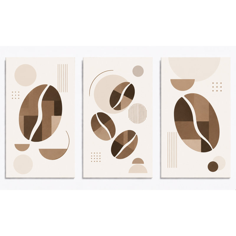 Extra-Large Set of 3 Abstract Coffee Bean Wall Art Canvas Prints Contemporary Geometric Kitchen Coffee Nook Cafe Decor Neutral Beige 24x36 Inch Canvas Print - Ready to hang