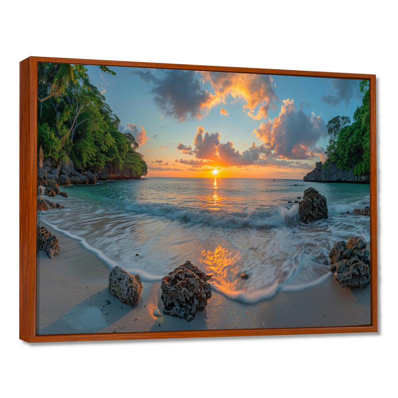 Photo panoramique d'une plage rocheuse au lever du soleil I - art mural plage, Toile avec cadre flottant brun