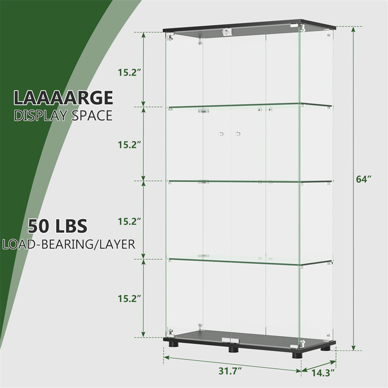 Vitrine en verre avec portes doubles à 4 tablettes et serrure
