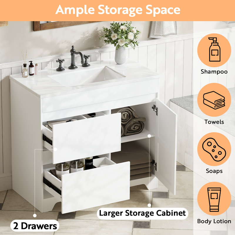 37" Bathroom Vanity With Ceramic Sink & 2 Drawers And 2-Adjustable Shelf