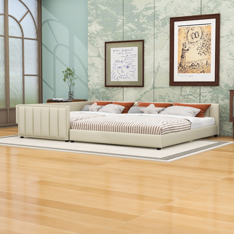 Grand lit plateforme tapissier en similicuir avec lattes, Beige