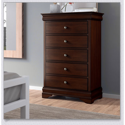 Louis Philippe Style 5-Drawer Chest with Brown Cherry Finish and Felt-Lined Jewellery Drawer for Elegant Storage