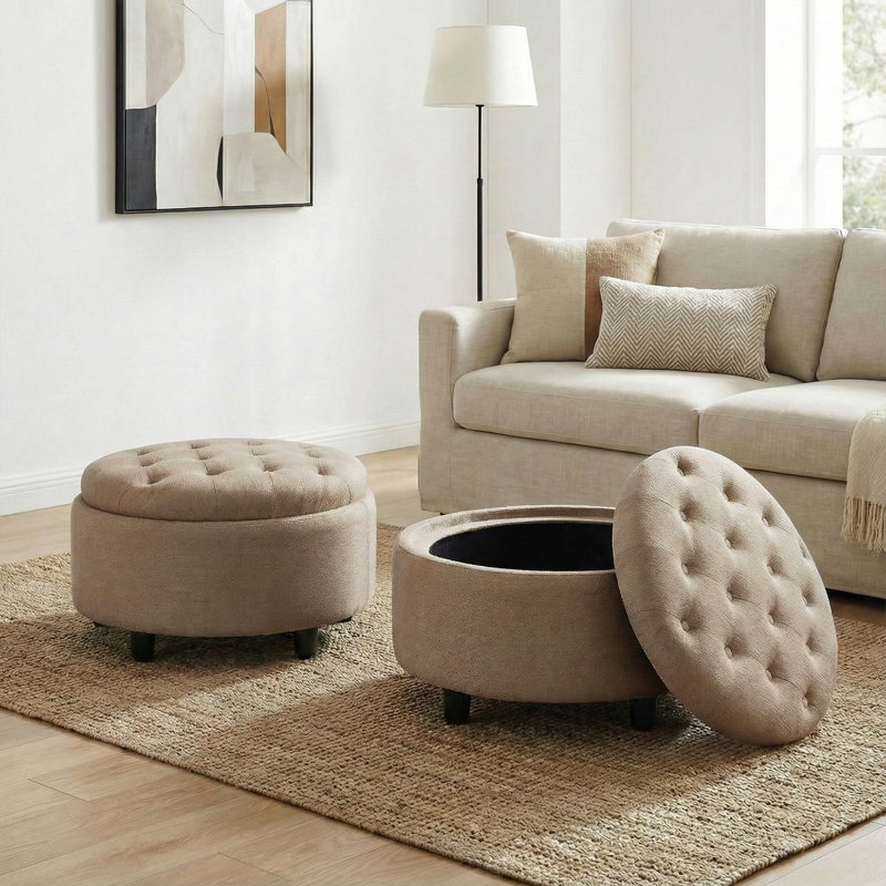 25'' Oversized Upholstered Round Storage Ottoman, Camel