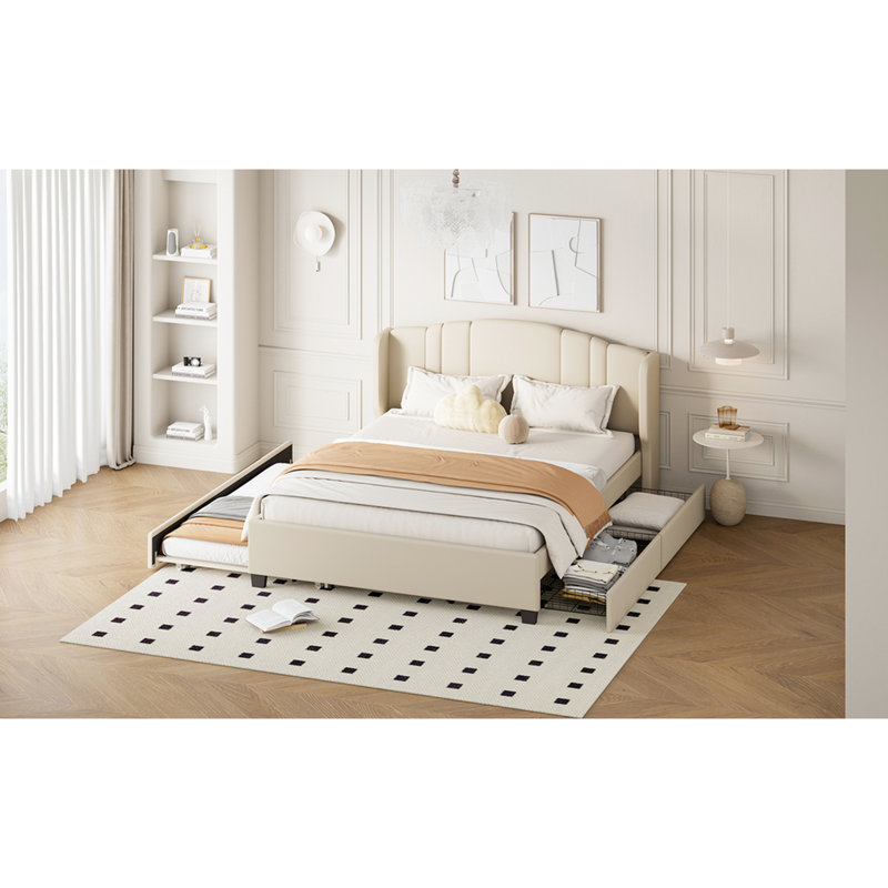 Grand lit plateforme tapissier avec tête de lit à oreilles, 2 tiroirs, lit gigogne, sans sommier, tête de lit en lin beige, grand lit, tissu simple