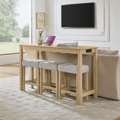 59 Inch Bar Table, Dining Table, Sofa Table With Power Outlet, 3 Upholstered Stools, 4 Piece Bar Table And Chair Set For Living Room, Dining Room, Kitchen