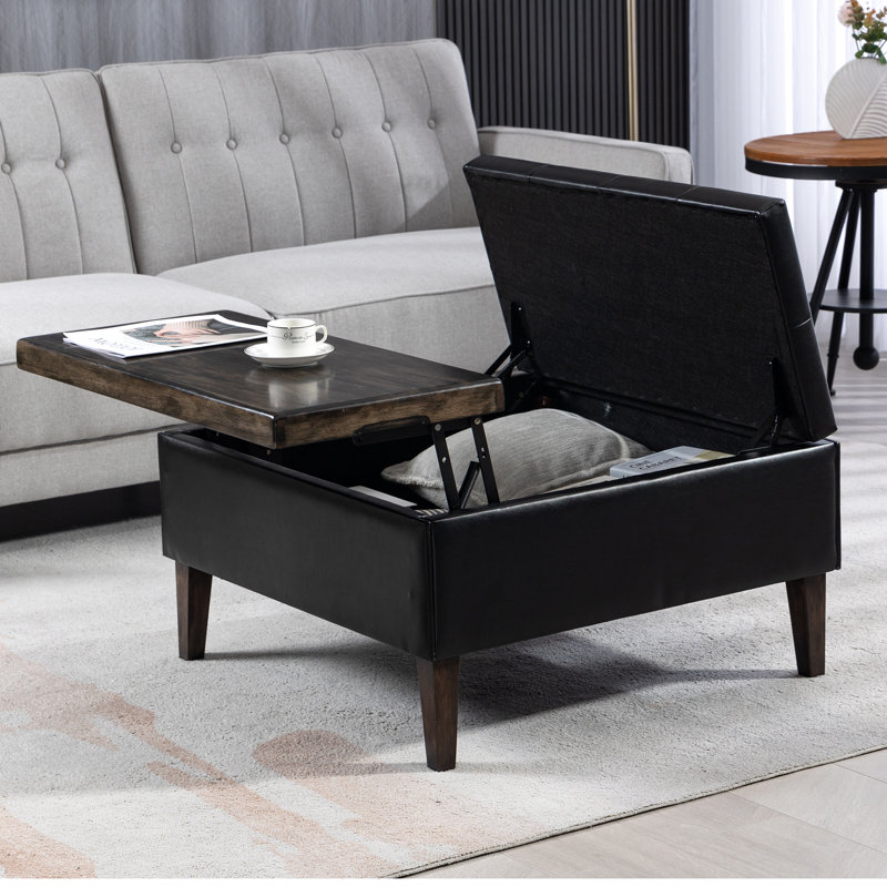 Repose-pieds carré en bois massif avec rangement 31,5 po Marcelles, Similicuir noir