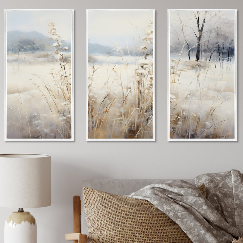 «Winter Meadow View Calmness I», art mural prairie, H 40 po x l 60 po x P 1 po, Cadre flottant blanc