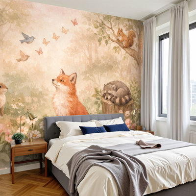 kids Peel and Stick Wallpaper Whimsical Forest Animals Fox Rabbit Raccoons Squirrel Butterflies Wall Murals 69"H x 96"W Removable PVC Wall Paper Self-Adhesive Wall Decor for Bedroom Living Room Home Office