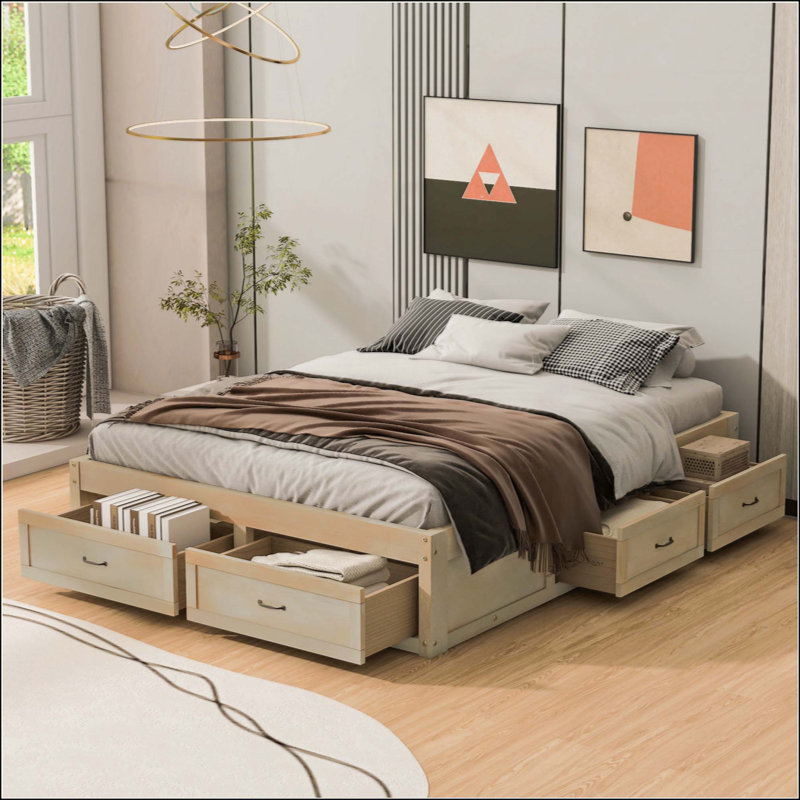 Lit plateforme avec 6 tiroirs de rangement, Naturel antique, Grand lit