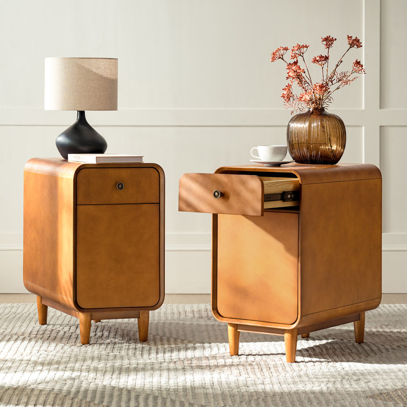 Elmaz MCM Solid Wood 1-Drawer And Legs End Table With Backside Magazine Rack Set of 2, Acorn