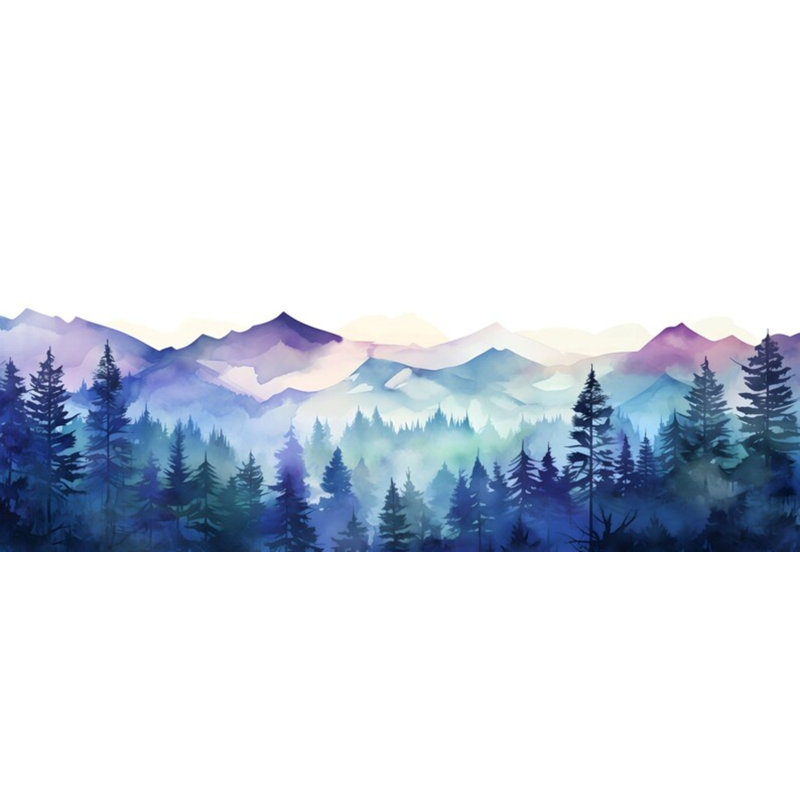 Aquarelle bleue, mauve, forêt de montagne, murale, L 108 po x l 96 po