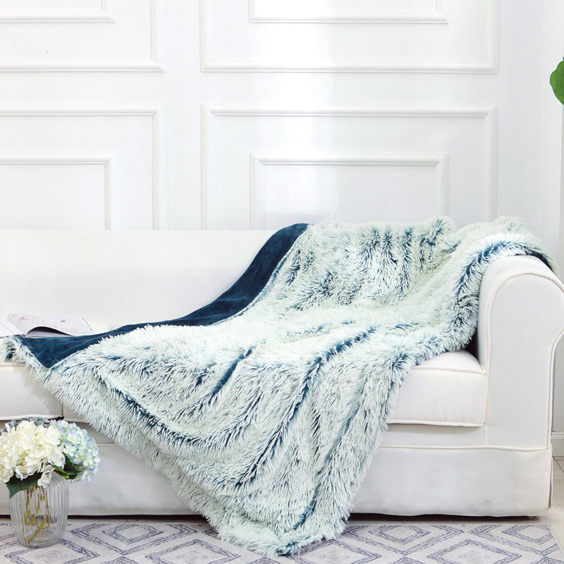 Black Reversible Shaggy Faux Fur and Fleece Throw Blanket