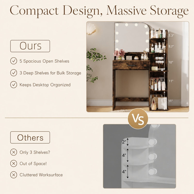 Meuble-lavabo 32 po avec miroir et 3 lumières DEL de couleur, coiffeuse avec 5 grandes tablettes de rangement et grand tiroir