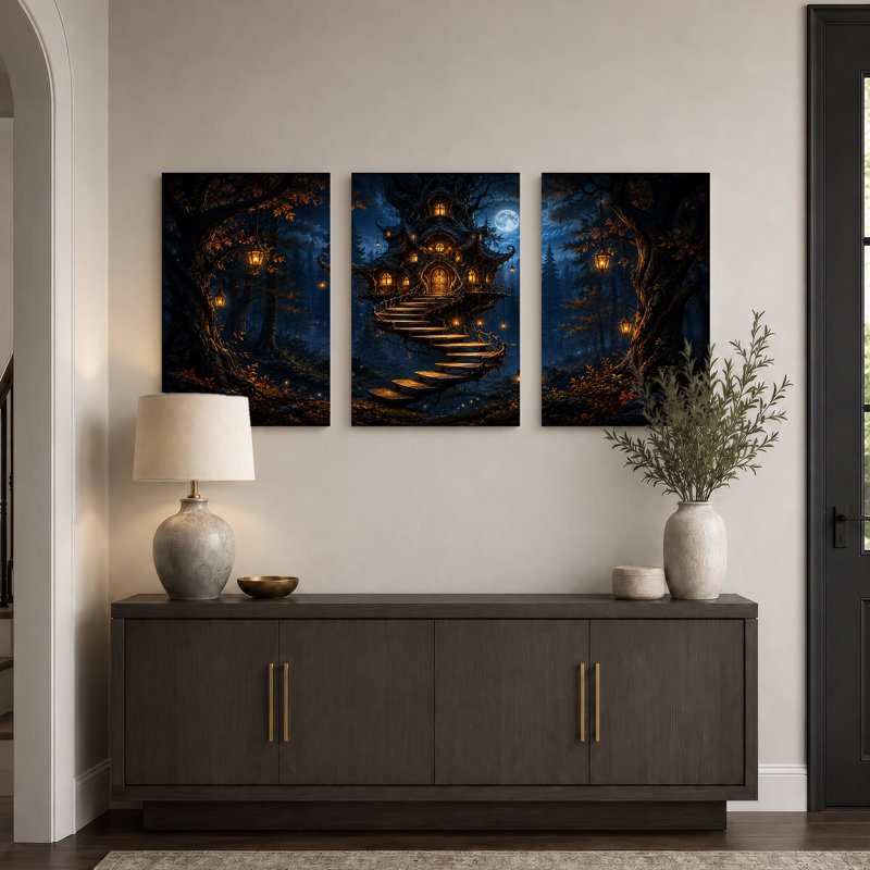 Ensemble de 3 toiles murales représentant une cabane dans les arbres fantaisiste avec des lanternes pour l'Halloween