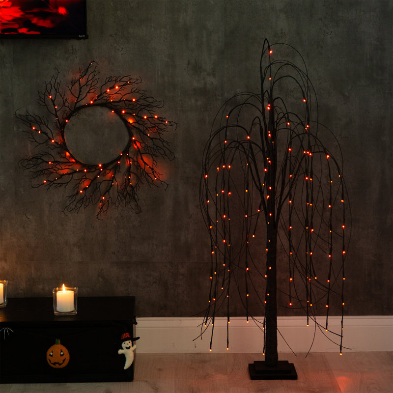 4 pi Arbre de Noël artificiel pré-éclairé en forme de saule noir avec 120 lumières DEL orange et mauves
