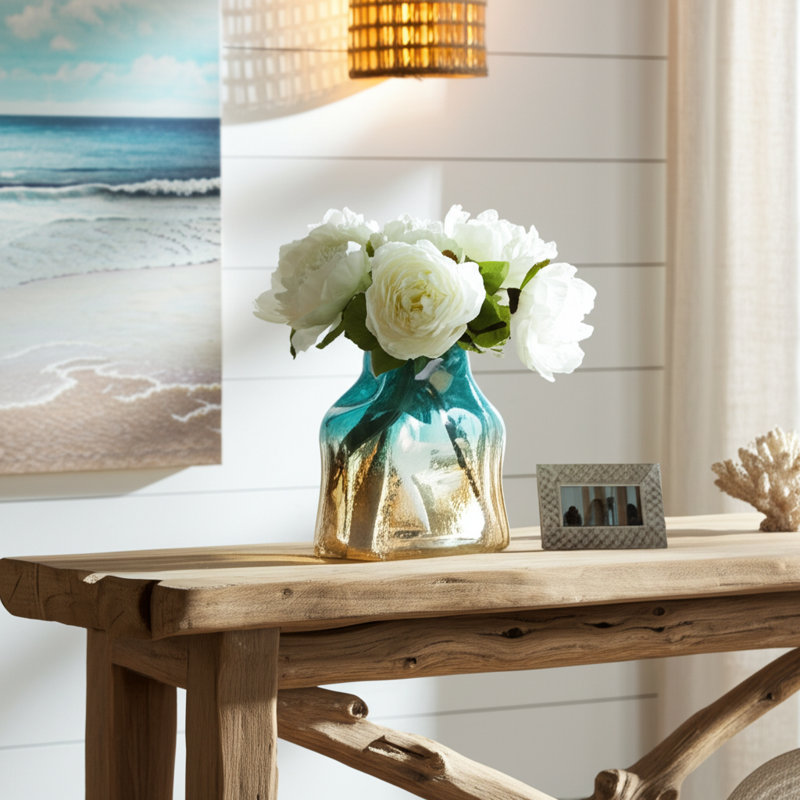 Isolina Beach-Inspired Decorative Glass Vase – Tall Vase and Table Vase for Shelf Decor, Entryway or Mantel Styling – Unique Home Decor Flower Vase Accent – Blue & Tan