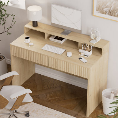 47" Mid-Century Modern Fluted Executive Desk With Raised Monitor Stand And Storage Shelf, Scratch-Resistant Home Office Workstation