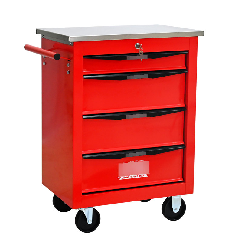 Chariot à outils multifonctionnel à 4 tiroirs rouge et noir avec roulettes et couvercle en acier inoxydable, pour utilisation dans un garage, capacité de freinage, poignée sur un côté, tiroirs à roulement de charge de 15 kg, clé