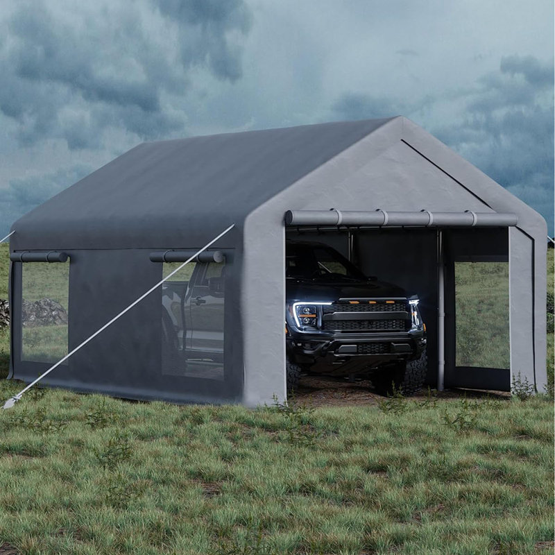 12 ft x 20 ft Portable Garage with 200g PE Tarp Canopy, Carport with 2 Roll-Up Doors & 4 Mesh Windows, Temporary Shelter for Boats, Pickups, Paint Booths, and Outdoor Events