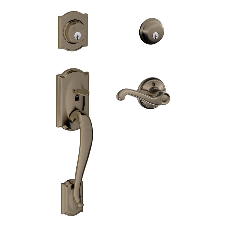 Jeu poignées à double cylindre avec levier intérieur à droite de la série f dans la collection bronze vieilli Camelot, Oui