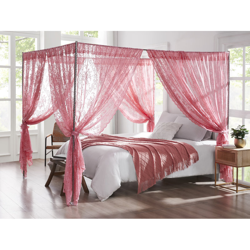 8 Piece Rose Pink Lace Canopy Bed Curtains Set With Tie-Backs for Queen or King Bed, Rose Pink