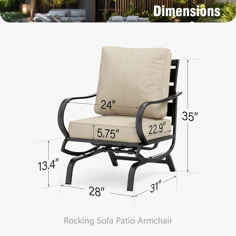 Argirios Metal Patio Rocking Lounge Chair with Cushions (Set of 2), Beige