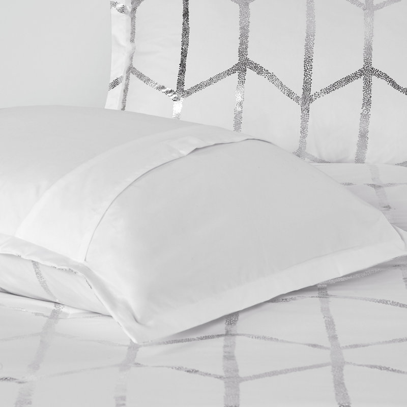 Ensemble d'édredon à imprimé métallique Raina, Édredon simple / simple TG, 1 taie décorative et, Blanc / argent