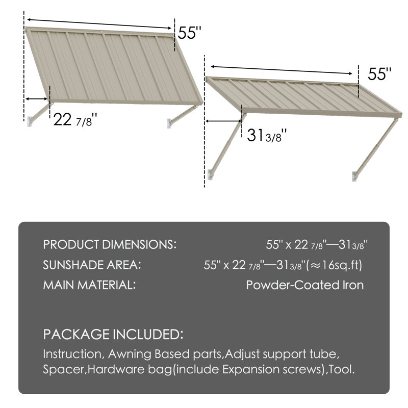 Kozyard Adjustable Door Window Awning – 4-Level Tilt, 55" W × 32" Sloped Panel, Adjustable Projection 22"–31", Aluminum Frame & Metal Canopy, All-Weather Rain, Snow & UV Protectionll-Weather Rain, Snow & UV Protection Dark Gray