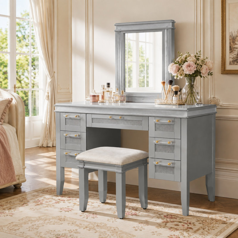 Coiffeuse Maryanna avec miroir DEL, 7 tiroirs et tabouret rembourré, Bleu grisâtre