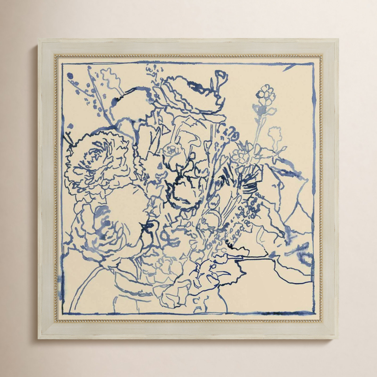 Indigo Floral Sketch I Print, Cream, 36" W x 36" H
