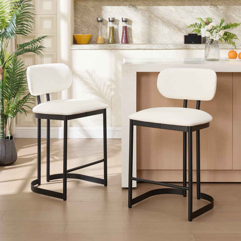 Modern Upholstered 25.6" Counter Height Kitchen Stool With Metal Sled Base & Faux Leather, Cream/Black