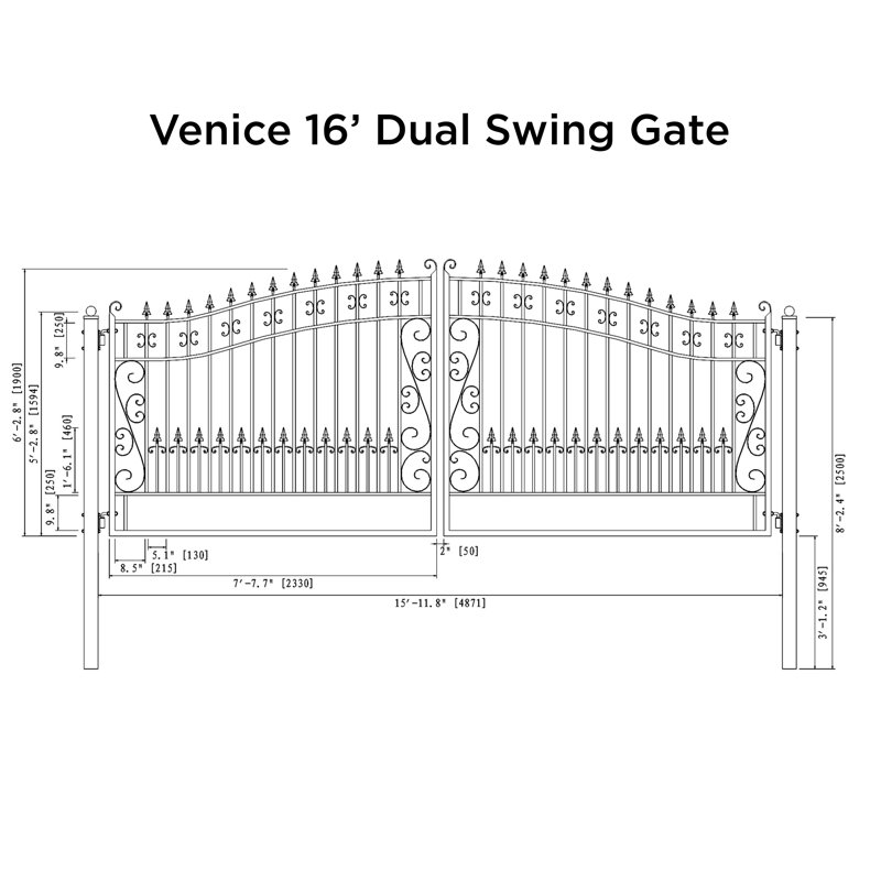 Venice Style Black Steel Dual Swing Driveway Gate 18 x 6 ft