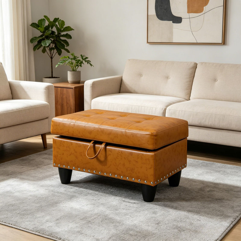 Banc repose-pieds capitonné 28,5 po avec repose-pieds clouté et repose-pieds multifonctionnel pour le salon, la chambre à coucher et le vestibule