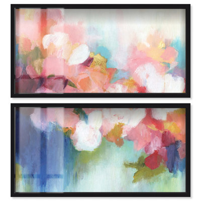 Horizon fleuri - Ira Comleva, grande estampe abstraite en deux parties, encadrée sous verre, format surdimensionné (48 x 24 pouces), par Art Remedy, cadre noir