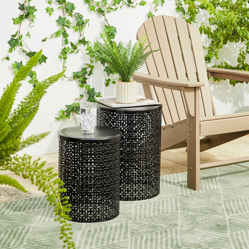 Set of 2 Garden Side Tables - Heavy Duty Metal Frame Stools, Glossy Black