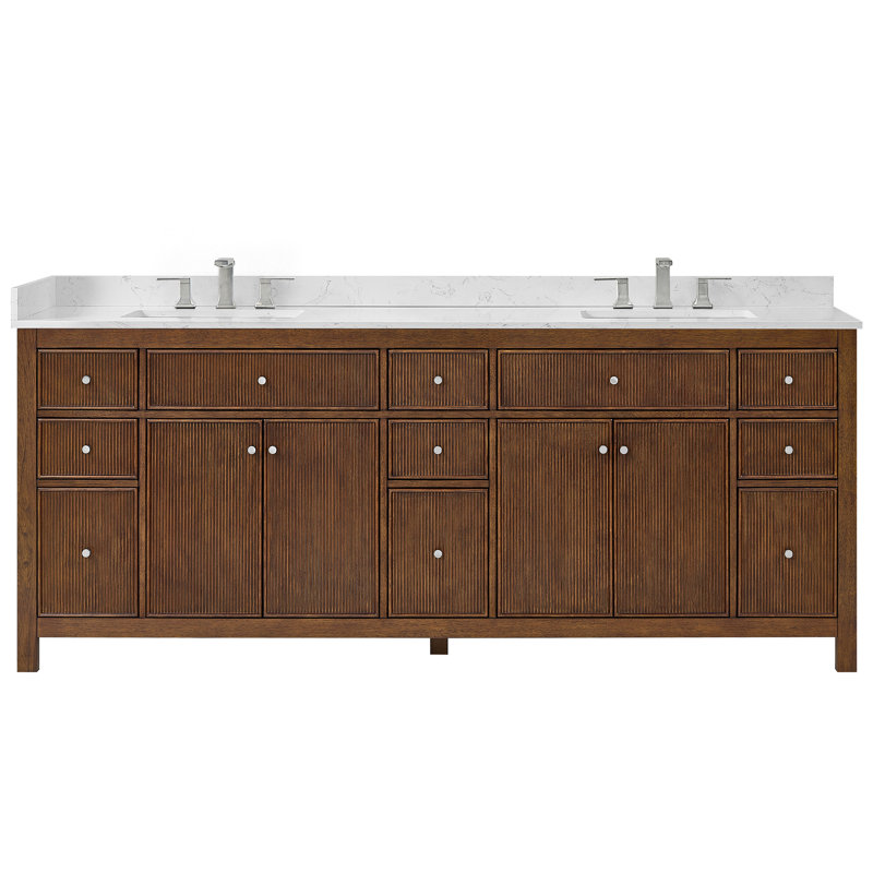 Pendry 84" Freestanding Double Bathroom Vanity with Top, Dark Walnut, Brushed Gold, Carrara Cultured Marble
