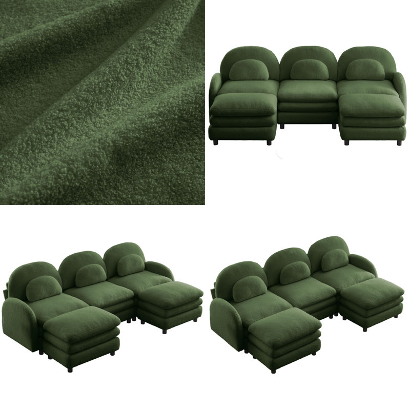 Teddy Fabric U-Shaped Cloud-like 3-Seater Modular Sectional Sofa, Curved Backrest & Armrests, 2 Moveable Ottomans, Double-Layer Cushion with Lumbar Pillows for Supportive Comfort