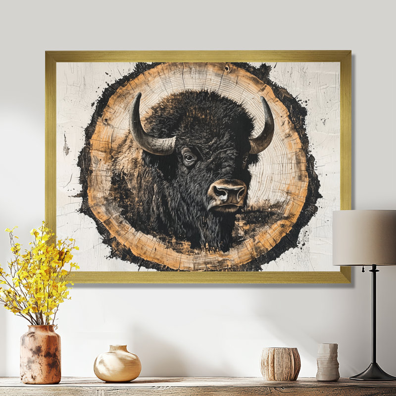 Tête de bison américain Mariluz sur bois, diapositive II - bison, art mural, H 30 po x l 40 po, Avec cadre, Doré