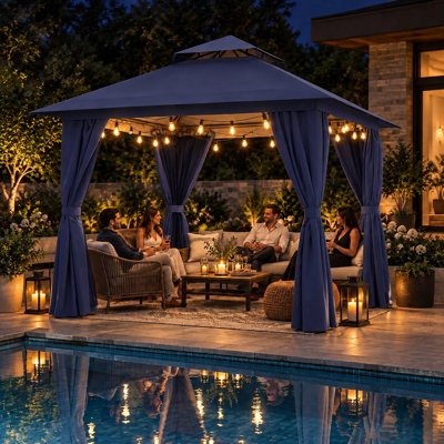 Gazebo de terrasse en acier à toit souple de 2,4 m de large x 2,4 m de profondeur, avec auvent à 2 niveaux et moustiquaire zippée