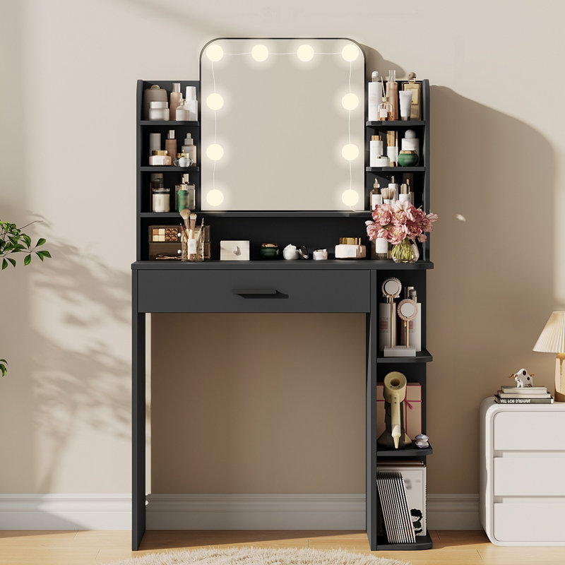 Narien Makeup Vanity With LED Lighted Mirror & Power Outlet for Bedroom, Black