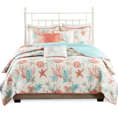Pebble Beach 6 Piece Quilt , Coral Full/queen, Printed Corals & Starfish, Soft Reverse Side, Vermicelli Quilt, Coastal Embroidery Pillows, , Washable Bedding Cotton With Throw Pillows In Full/queen